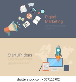 Flat style website slider banner digital marketing startup ideas concept web infographics. Loudspeaker spread message target calculator hourglass magnifier, computer rocket spaceship launch checklist.