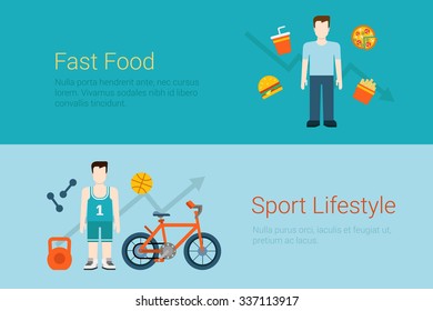 Flat style website slider banner fast junk food sport lifestyle concept web infographics. Man burger cola pizza fries, bike basketball weight kettlebell dumbbells vector illustration icons.