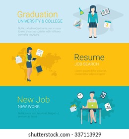 Flat style website slider banner career concept web infographics. Graduation college university, resume job search, new job workplace female conceptual vector illustration.