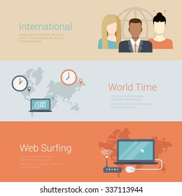 Flat style website slider banner international team world time web surfing concept web infographics. Group of people globe, worldwide clocks, wi-fi router laptop.