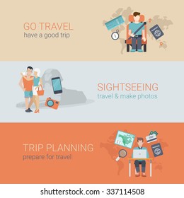 Flat style website slider banner go travel sightseeing trip planning concept web infographics. Template man airplane seat, couple selfie sphinx, table laptop tourist  vector illustration.