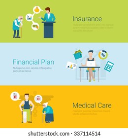 Flat style website slider banner insurance financial plan medical care concept web infographics. Old man and insurer agent, young accountant financial analyst and patient vector illustration.