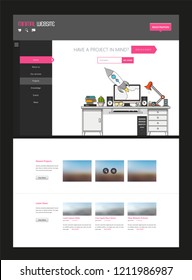 Flat Style Website Template, With Workplace Illustration. Easy  Editable Vector Illustration.