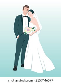 Flat Style Wedding Couple Cartoon Illustration