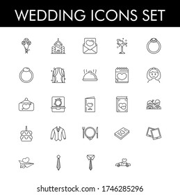 Flat Style Wedding Icon Collection in Black Line Art.