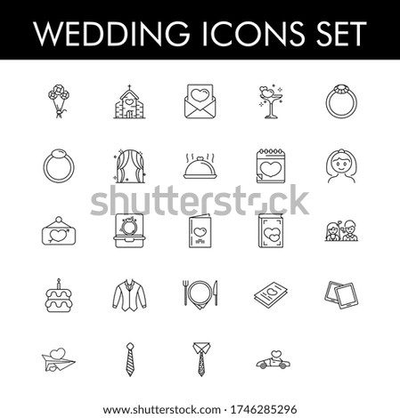 Flat Style Wedding Icon Collection in Black Line Art.