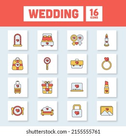 Iconos De Boda De Estilo Plano En Fondo Cuadrado Blanco Y Azul.