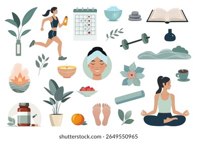 Elementos de bem-estar de estilo plano. Yoga, meditação e ícones de fitness em tons pastel. Conjunto de estilo de vida saudável.