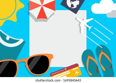 Flat style of white banner on blue background with beach and travel objects around