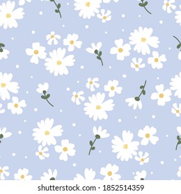 flat style white daisy flower on blue background seamless pattern