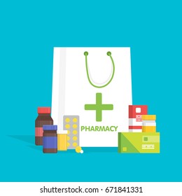 Flat style white shopping bag with different medical pills and bottles, healthcare pharmacy, drug store. Vector illustration.