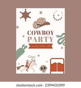 Invitación de vaqueros de la fiesta occidental salvaje de estilo plana