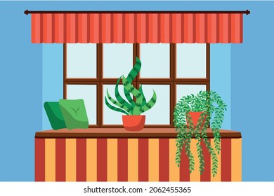 Flat style window with flowers, cat, pillows, curtains. View from the window, City and skyscraper, forest, trees, nature. Cozy home day