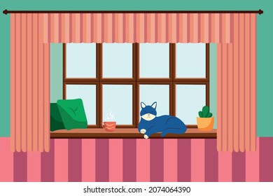 Flat style window with flowers, cat, pillows, curtains. View from the window, City and skyscraper, forest, trees, nature. Cozy home day and night