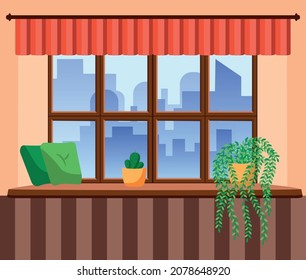 Flat style window with flowers, cat, pillows, curtains. View from the window, City and skyscraper, forest, trees, nature. Cozy home day