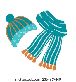 Estilo plano Vino o Ropa de Otoño aislados en fondo blanco. Ilustración vectorial de Sombrero Cálido y Scarf para libro infantil, afiche, banner de promoción. Prendas de vestir, textiles y de vestir de temporada. Dibujo artístico de diseño.