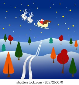 flat style winter forest landscape night in the sky flying santa on reindeer card blank winter cartoon 