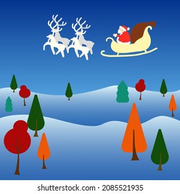 flat style winter forest landscape night in the sky flying santa on reindeer card blank winter cartoon background