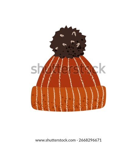 Flat style winter hat illustration, simple vector design, knitted cap with pompom, minimalist cartoon style, isolated on white background.