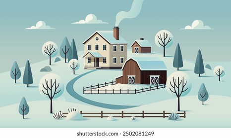  Flat style winter house with trees and snow-covered path in peaceful countryside scenery.