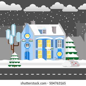 Flat style winter house. Urban. Vector illustration. Snowfall background. Flat design winter card.