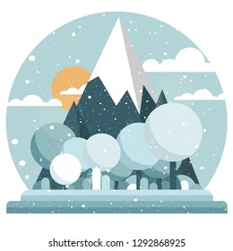Flat style winter landscape. Cute cartoon mountains, sky and sun. Trees with round crowns in the foreground. Light blue and white colors. Round frame. Snowflakes