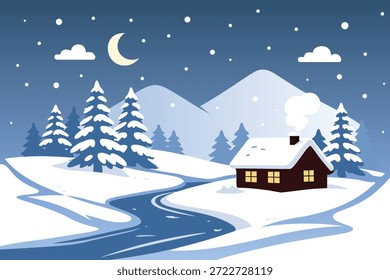 Flache Winter-Nacht-Landschaft Illustration mit einer gemütlichen Hütte mit glühenden Fenstern, schneebedeckten Bergen, Kiefern, Fluss, fallenden Schnee und Mondlicht Himmel. Ideal für saisonale Designs, Hintergründe, Ferienprojekte, Banner, Poster und digitale Illustrationen.