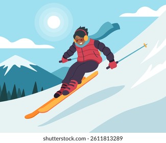 Flat style Winter skiing on ski slope cartoon illustration