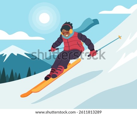 Flat style Winter skiing on ski slope cartoon illustration
