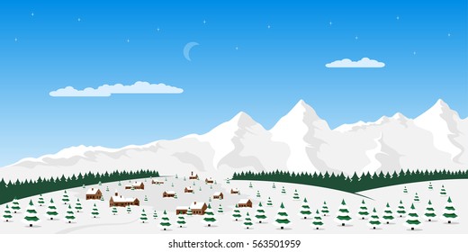 Flat style winter village landscape with trees and mountains on background