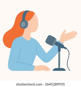 Mulher de Estilo Plano com Fone de Ouvido Fazendo Podcast Gravação Ilustração