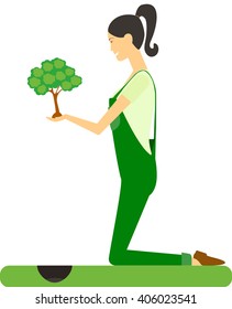 A flat style woman holds a plant