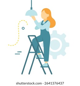 Flat Style Woman Installing a Light Fixture on a Ladder Icon Illustration