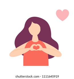 Flat style woman posing with heart shape hand sign. Romantic message concept. Flat style isolated vector image