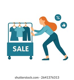 Flat Style Woman Pushing Clothes Rack with Sale Text Icon Illustration