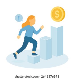 Flat Style Woman Running Up Financial Stairs Toward Goal Achievement Icon Illustration