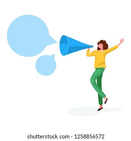 Flat style, A woman shouting in a big paper trumpet on white background, vector illustration Flat style, A woman shouting in a big paper trumpet on white background, vector illustration