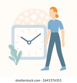 Flat Style Woman Standing Beside Square Clock With Plant Illustration
