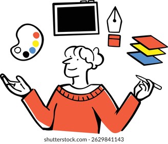 A flat style woman with a stylus, paint palette, and vector layers illustrating visual and character elements.