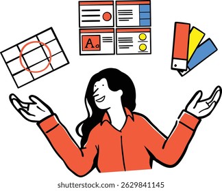 A flat style woman surrounded by branding elements such as font options, color swatches, layout grids, and guideline sheets.