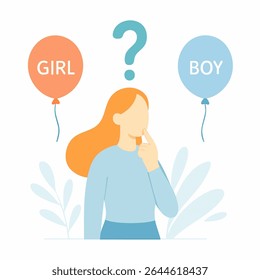 Flat Style Woman Thinking About Gender Reveal Celebration Illustration