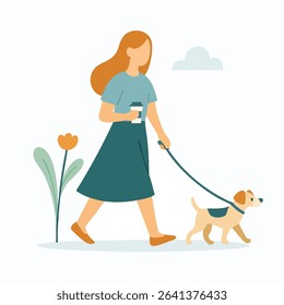 Flat Style Woman Walking Dog in Park, Illustration of Daily Activity