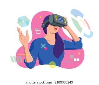 Flat style woman wearing virtual reality glasses for playing game cartoon illustration