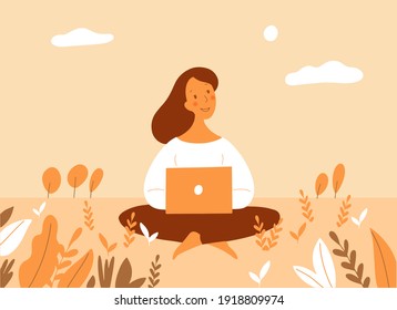 Flat style, woman work outside, work with laptop at the nature, yoga pose. Happy girl enjoy her life. Warm pastel colors, cute person.