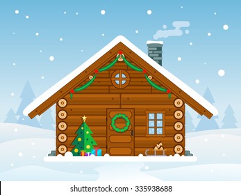 Flat Style Wooden Cabin Decorated For Christmas And Positioned In The Middle Of A Snowy Environment - Contain Some Elements Like Christmas Tree, Sledge, Gifts.