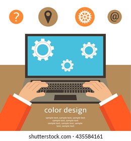 Flat style work space, table with laptop, man arms, gear wheel, icons. Background with laptop. 