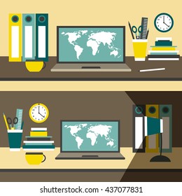 Flat style work space table with laptop, folders, cup of coffee, pencil, books, wall clock, pen, scissors, lamp, ruler. Background with laptop. Elements of this image furnished by NASA