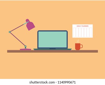 Flat style work table with notebook, lamp and coffee mug. Daily planner hangs on the wall near table. Vector illustration.