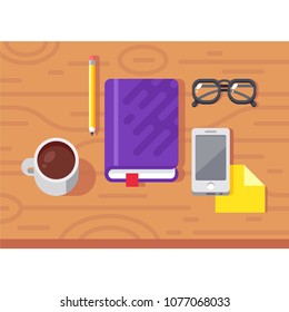 Flat style workplace organization. Top view with textured table, smartphone, notepad, glasses, stickers, and coffee mug. Vector flat illustration.