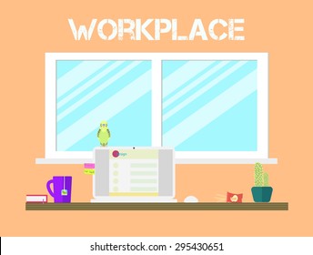 Flat style workspace icons design. Workplace and home office desk with big window, tea, parrot, cacti. Front view.